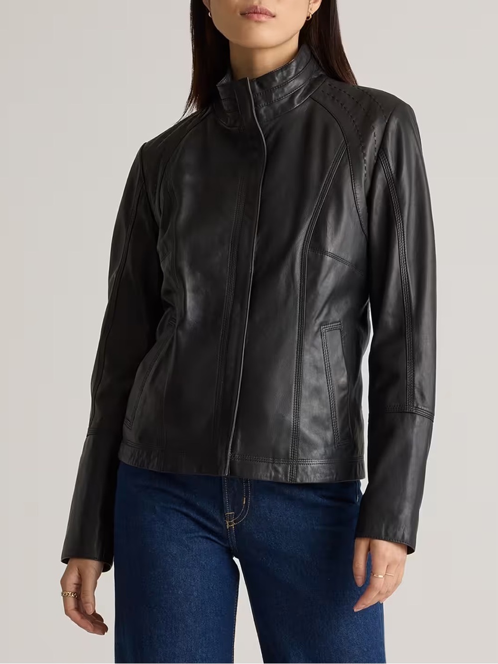 NWOT Quince Black 100% Leather Stand-Collar Jacket